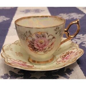 Vintage Lefton China Hand Painted Footed Tea Cup/Saucer-KF801 Gold/Rose Theme